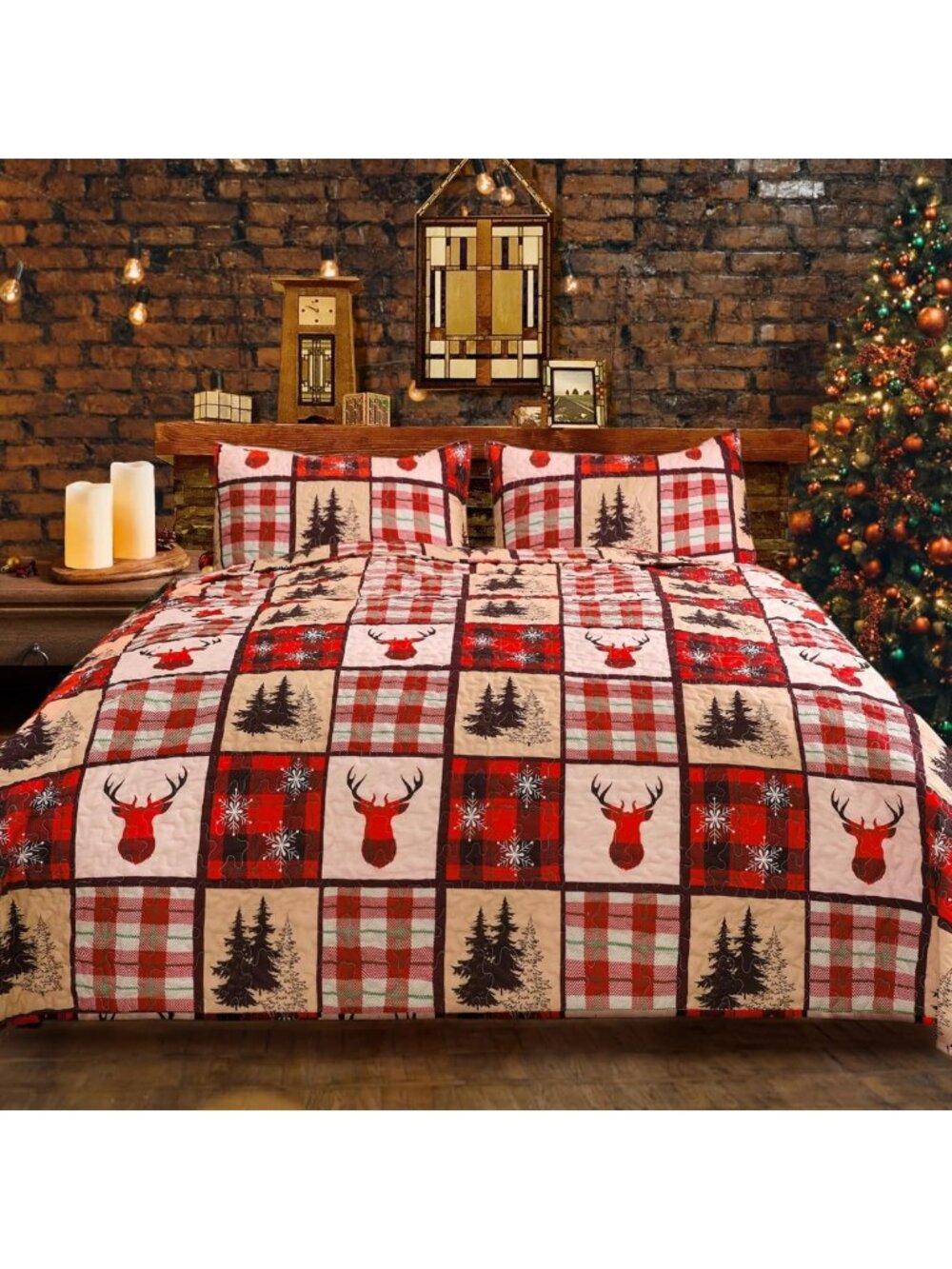 Cozy Christmas Quilt Set Queen Size Red Patchwork Comforter & 2 Pillow Shams